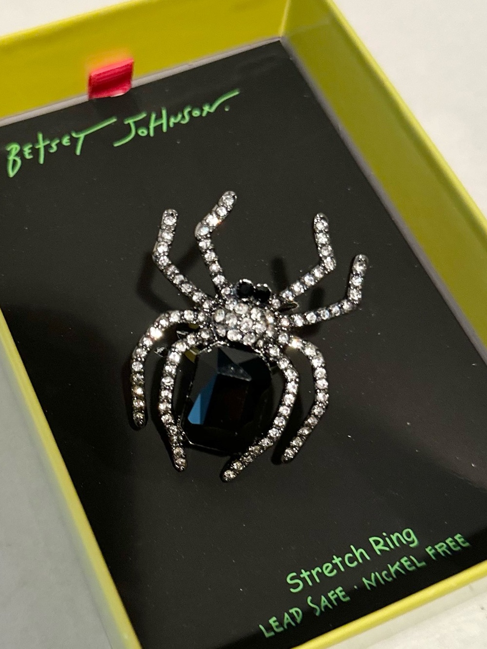 Betsey Johnson NWT Black Crystal Spider Stretch Ring